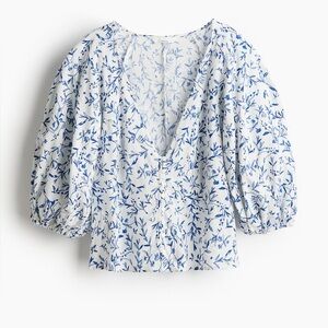 H&M Floral Blue and White Linen Blend Top